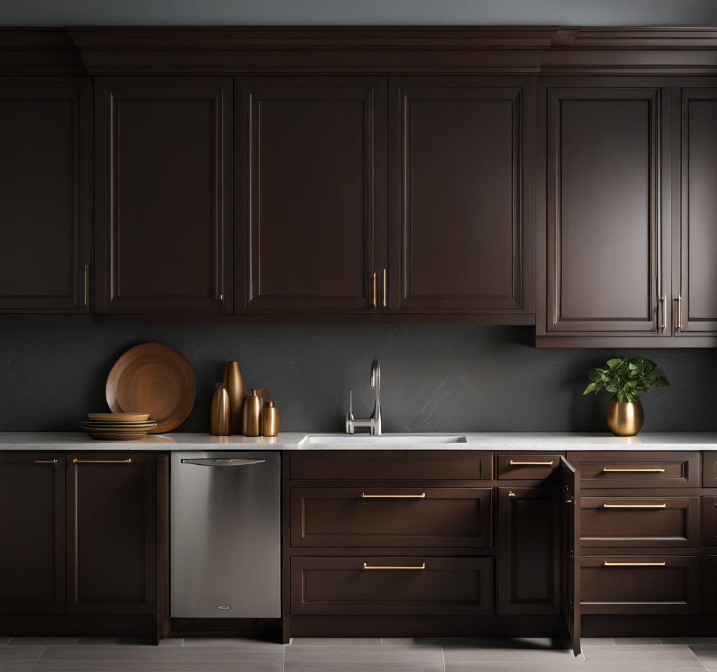 dark brown cabinets with gray walls