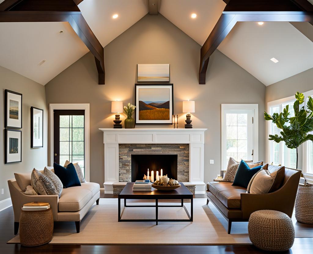 decorating above a fireplace with high ceilings