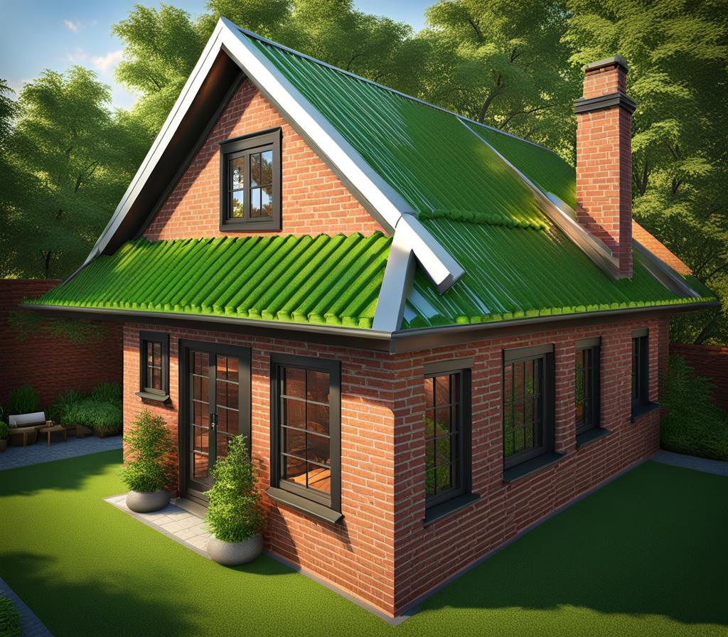 red brick house with green roof
