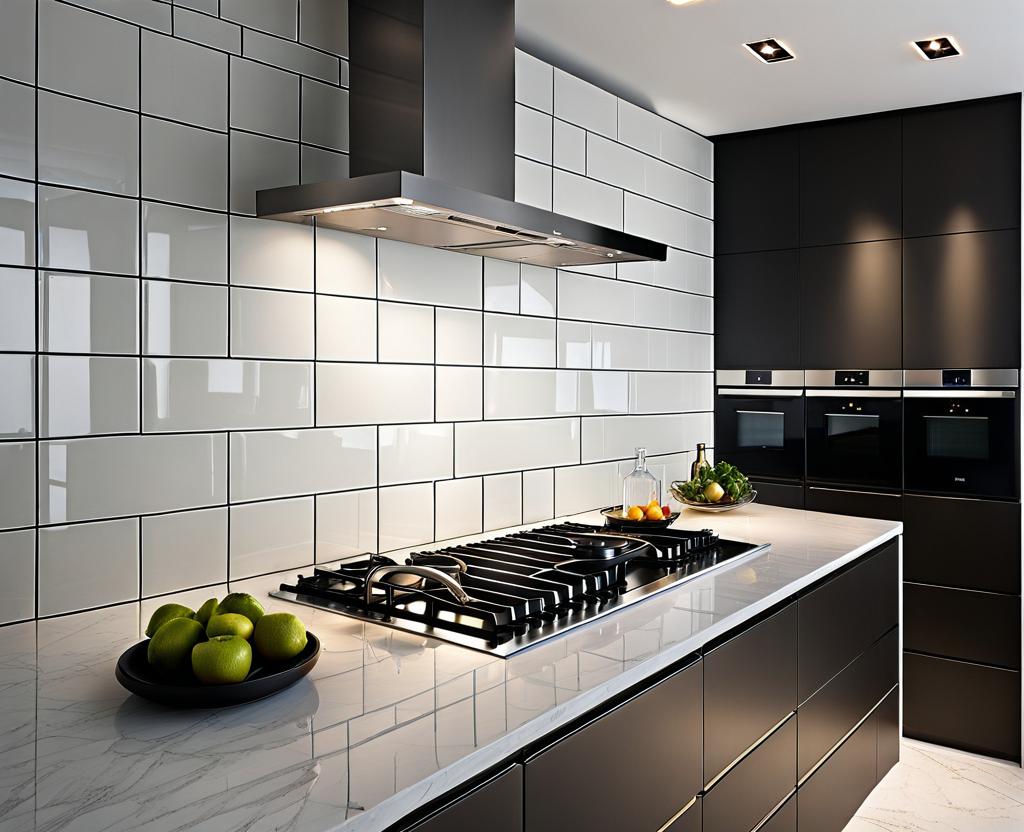 white tile with black grout backsplash