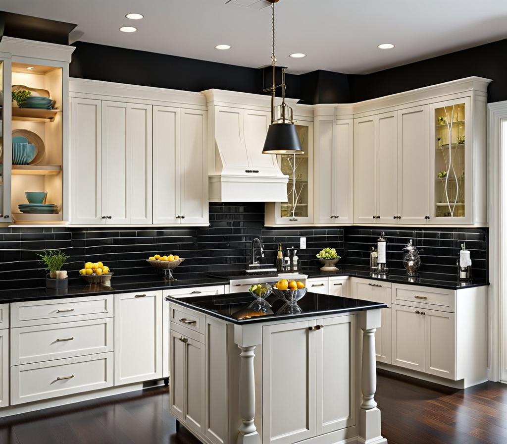 black kitchen backsplash with white cabinets