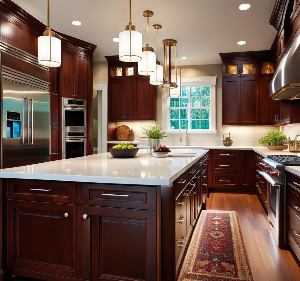 white countertops with cherry cabinets