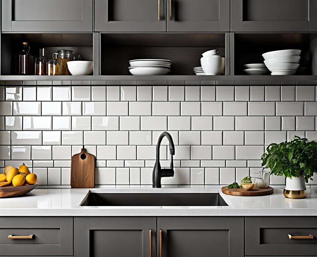 white tile dark grout kitchen