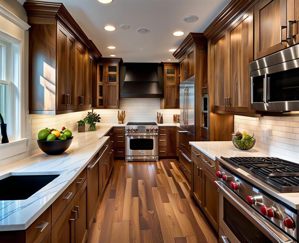 hickory cabinets with white countertops