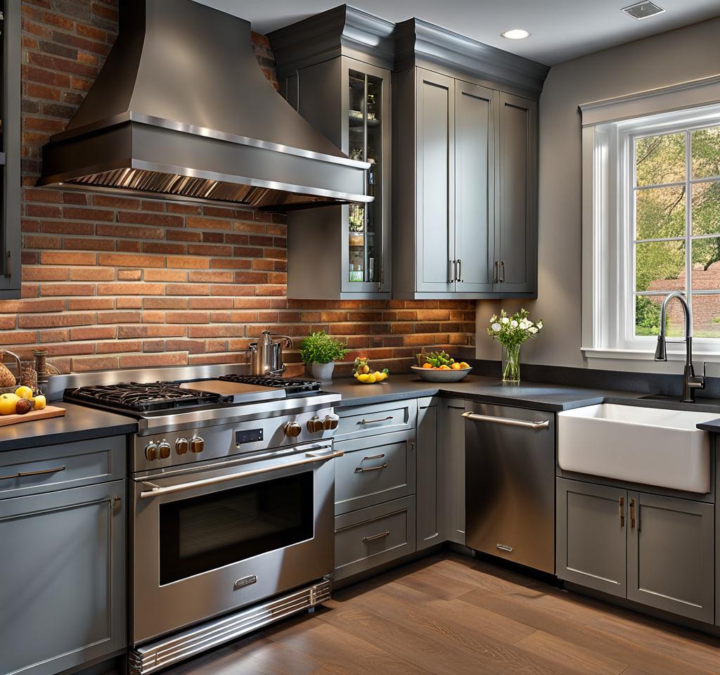 gray kitchen cabinets with brick backsplash