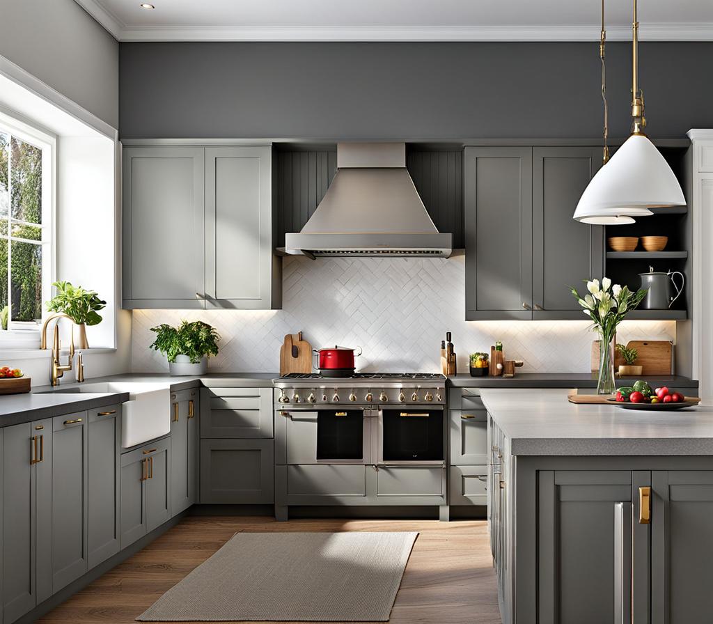 kitchen with white cabinets and grey walls