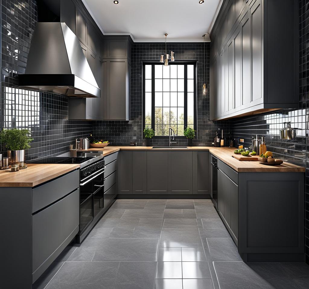 grey tiles black grout kitchen