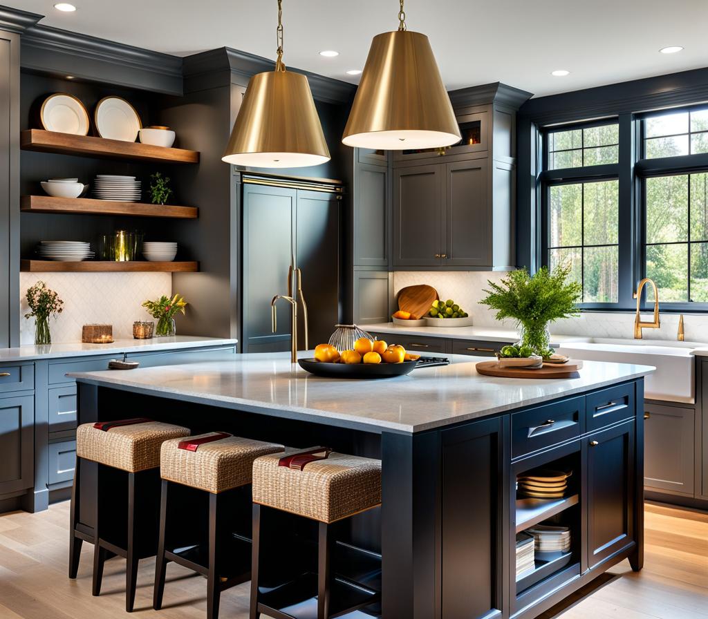 kitchen island with open shelves and seating