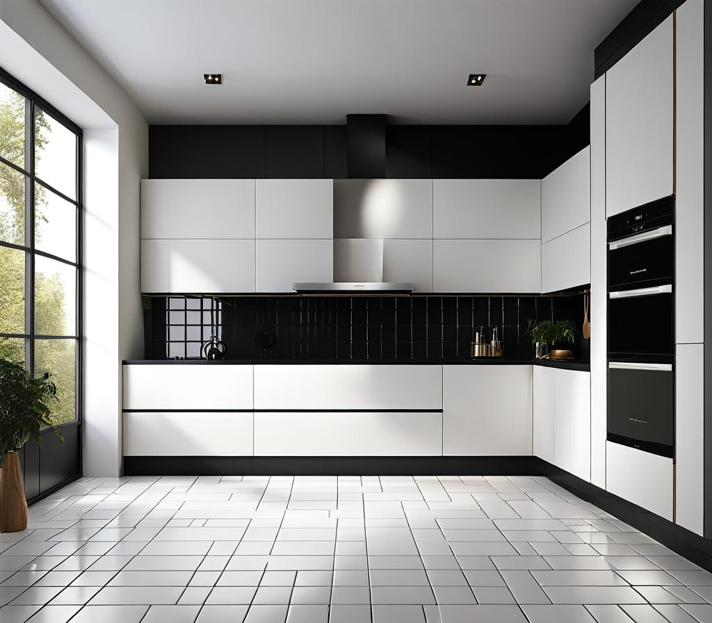 white kitchen floor tiles with black grout