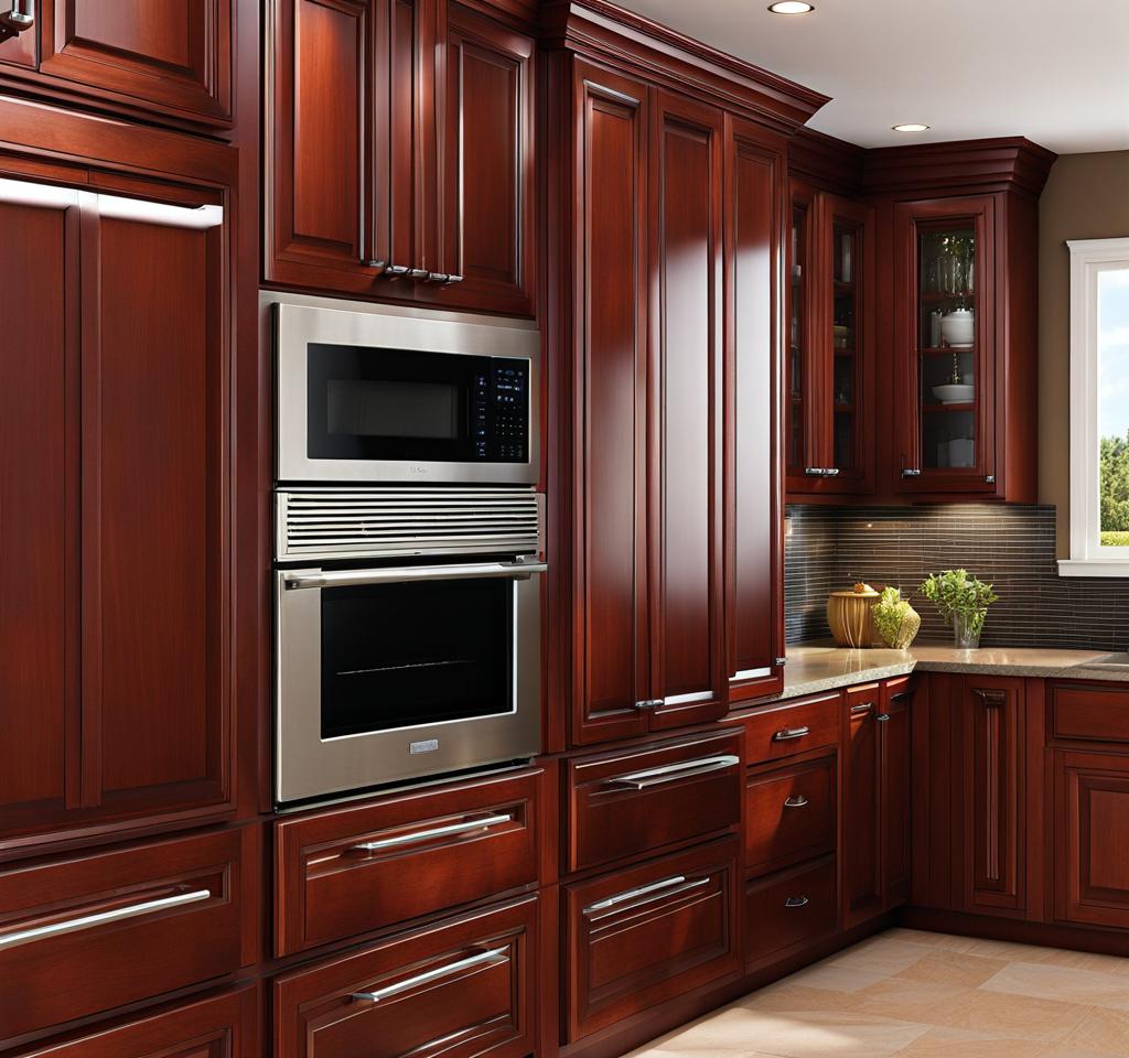 cherry wood kitchen cabinets with glass doors