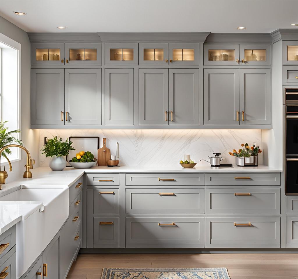 light grey cabinets with white countertops