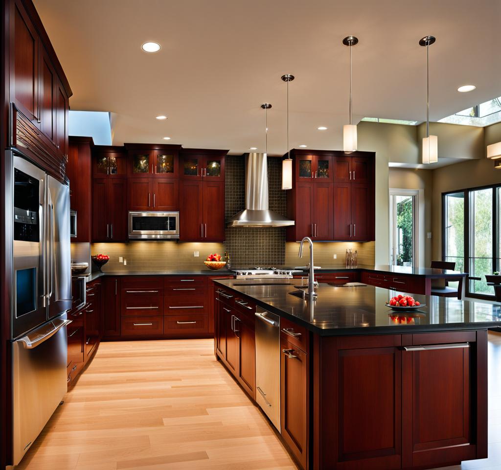 modern kitchen with cherry cabinets