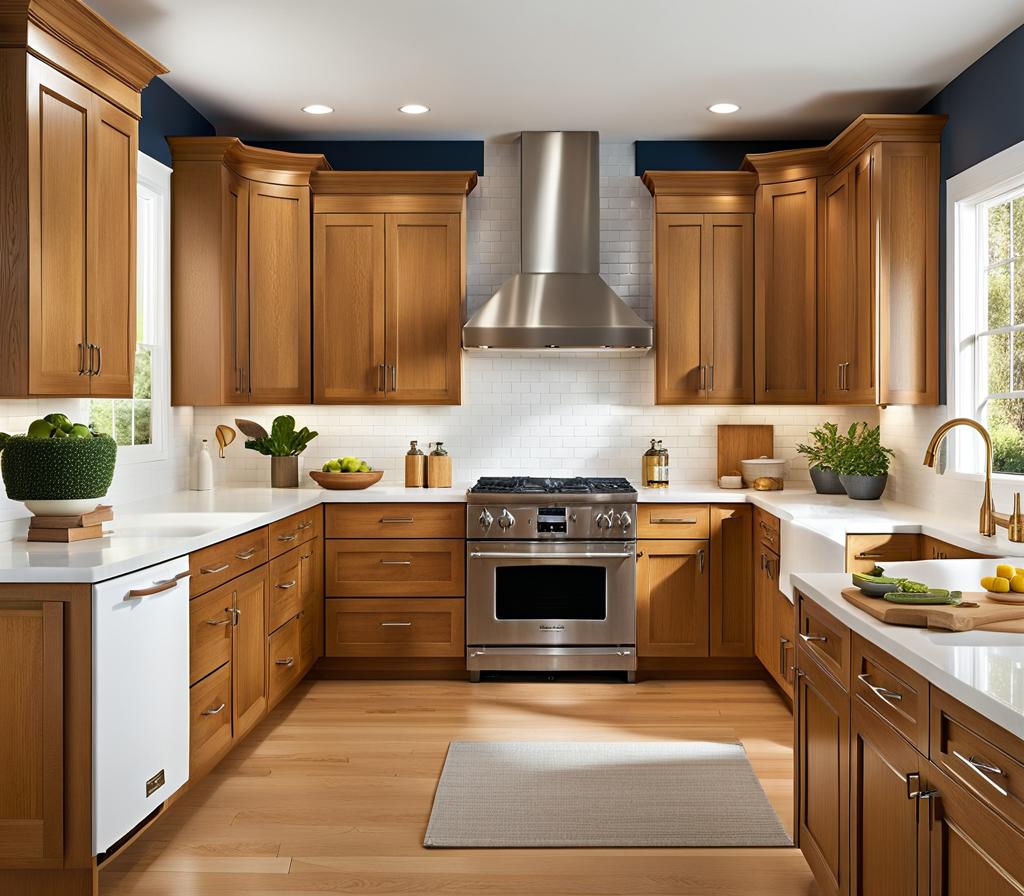 honey oak cabinets with white countertops