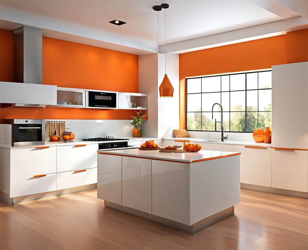 orange kitchen white cabinets
