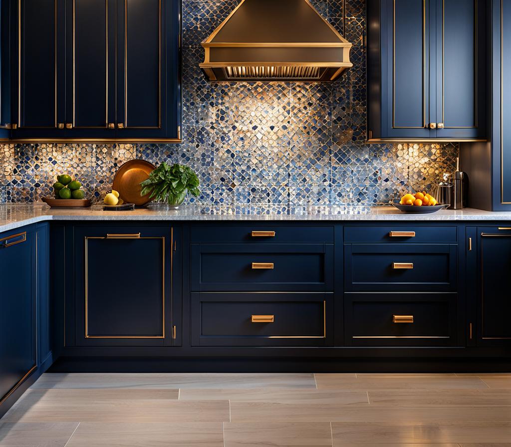 backsplash with navy cabinets