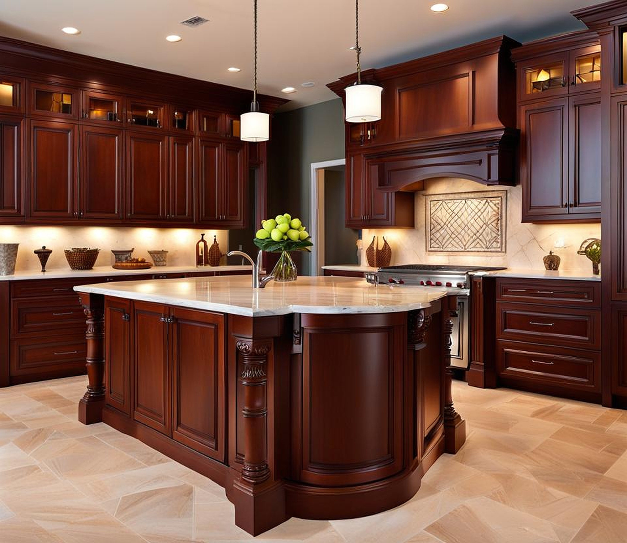 cherry cabinets with marble countertops