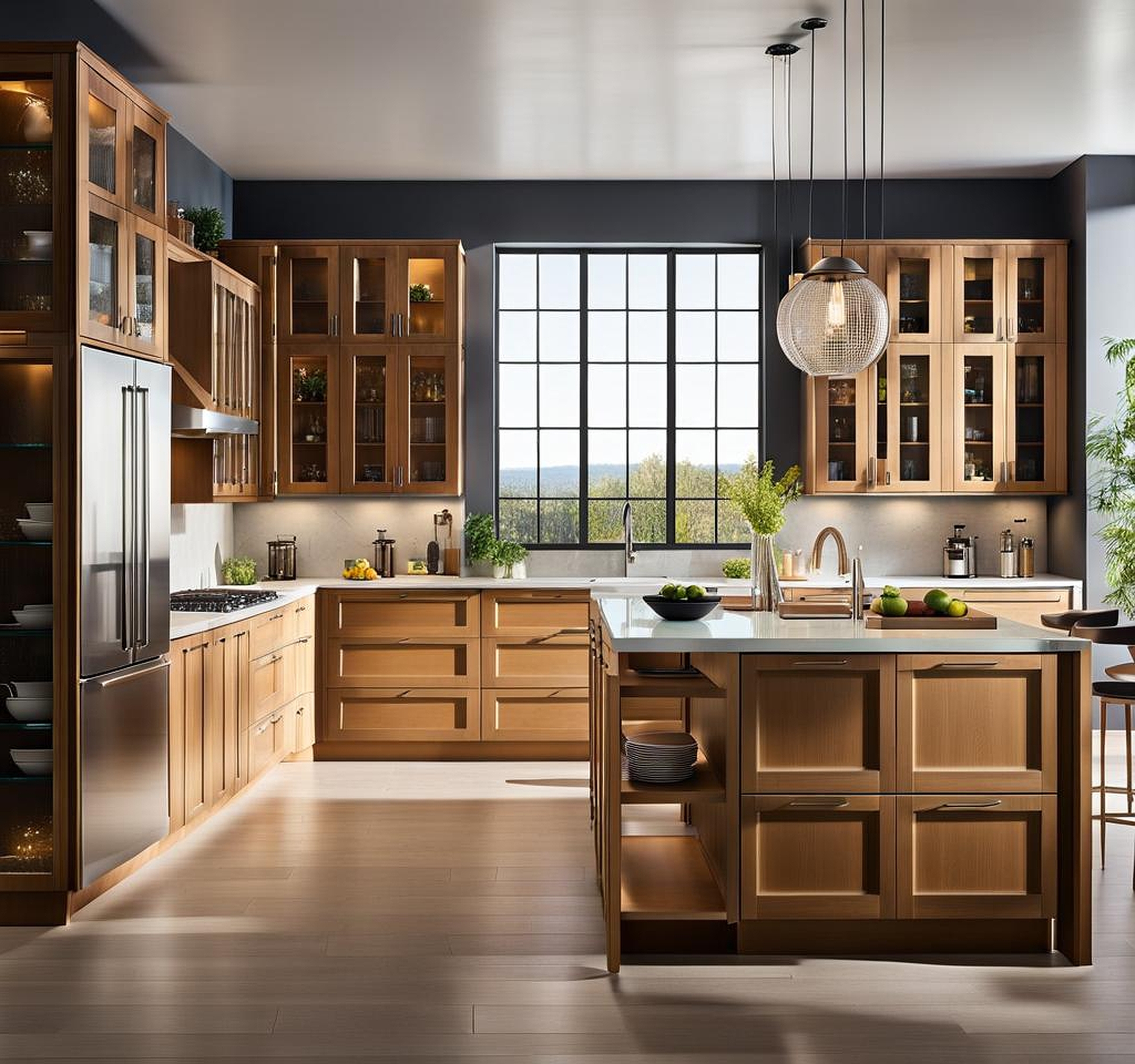 kitchen storage cabinet with glass doors
