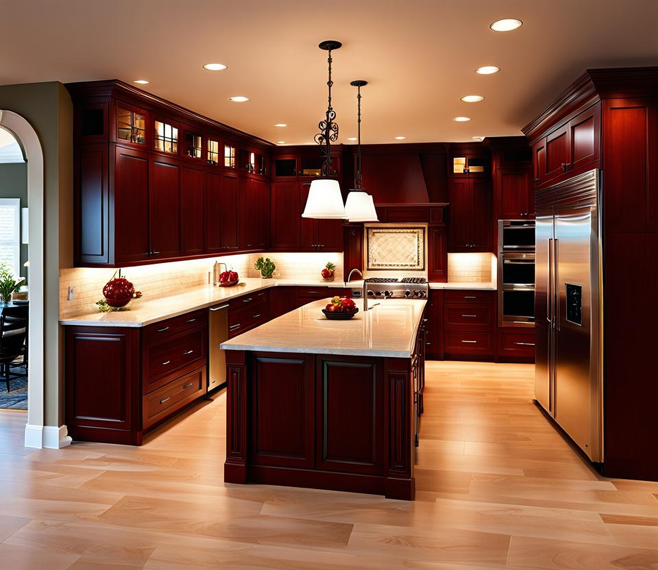 kitchens with cherry cabinets and light countertops