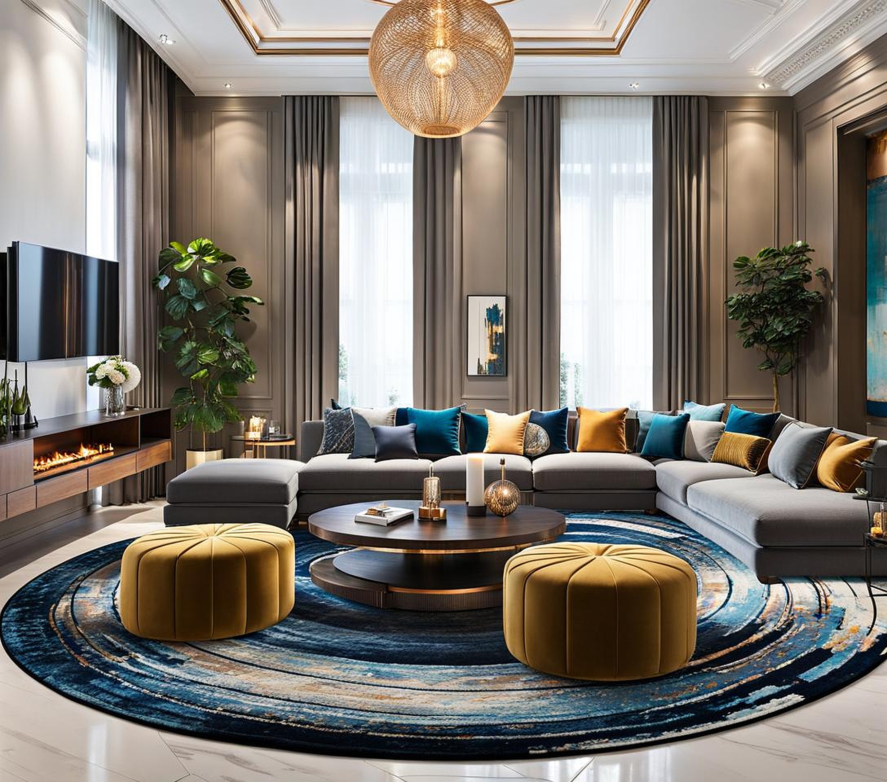 round rug in living room with sectional