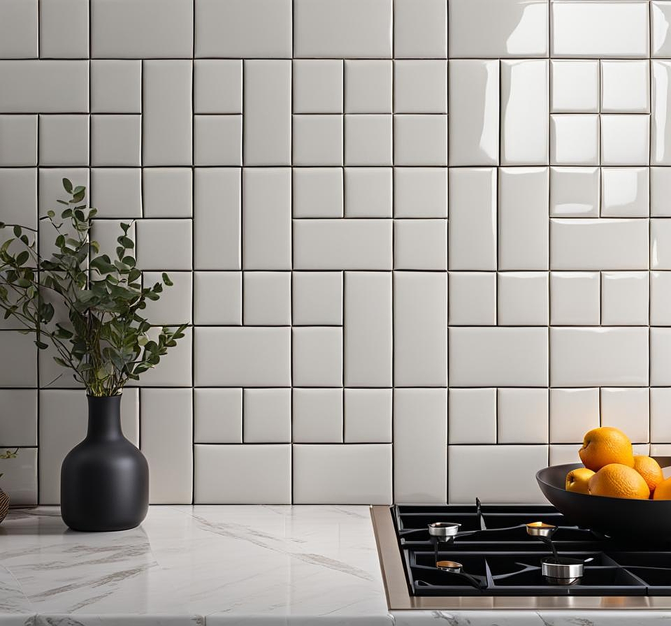 white tile with black grout kitchen